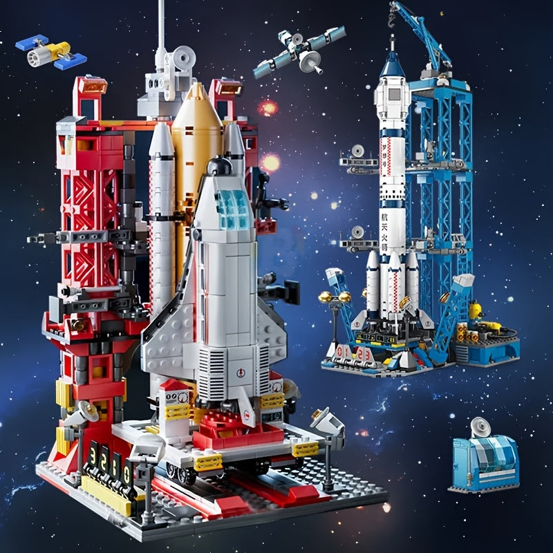 Space shuttle and rocket launch center building toy set includes over 500 pieces made of ABS material.