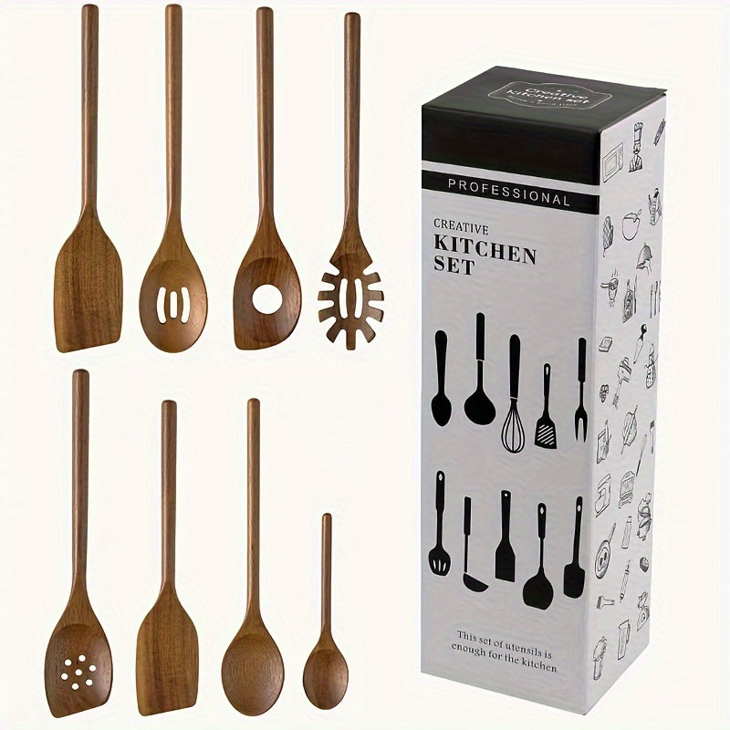 Set of 8 Acacia Wood Kitchen Utensils - Includes Non-Stick, Heat-Resistant Cooking Tools such as Spatula, Ladle, Rice Paddle, Stirring Spoon, and Salad Spoon