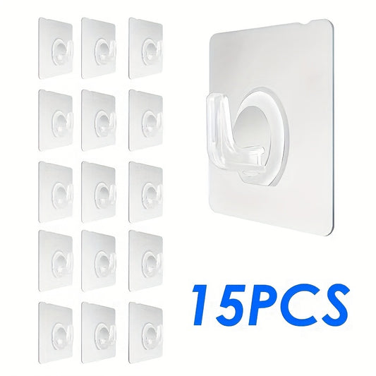 15 Transparent Self-Adhesive Wall Hooks for Kitchen & Bathroom - Heavy-Duty, No-Drill, Waterproof & Oil-Proof, Easy Install on Glass, Tiles, Metal, Damage-Free Suction Cup Utility Hooks.