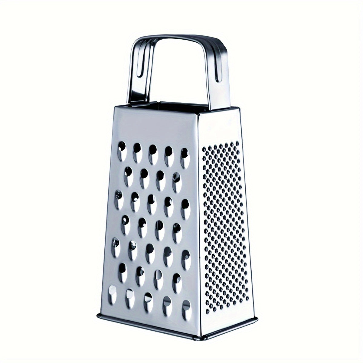 Upgrade your kitchen with the Stainless Steel 4-Sided Box Grater - a versatile tool for grating cheese, vegetables, and potatoes. This multifunctional grater features a non-slip handle for easy use.