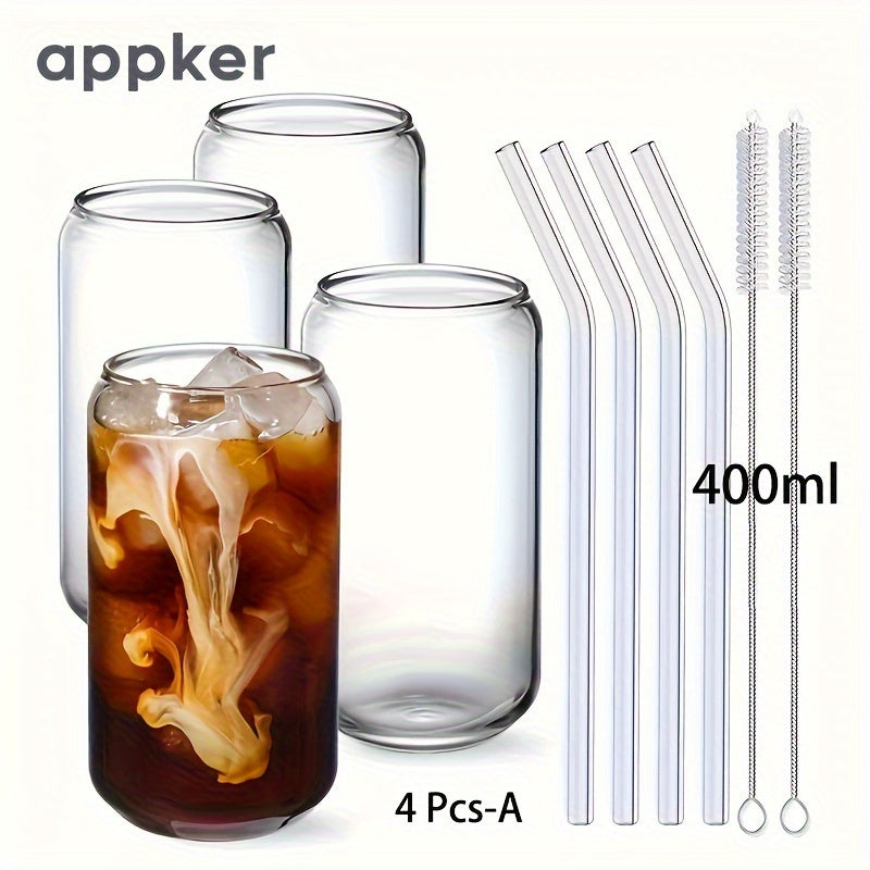 Glass cups in sets of 2, 4, and 6, can-shaped water cups, 400ml ice coffee cups, cute tumbler cups. Perfect for smoothies, boba tea, whiskey, and all types of drinks. Ideal for summer and winter.