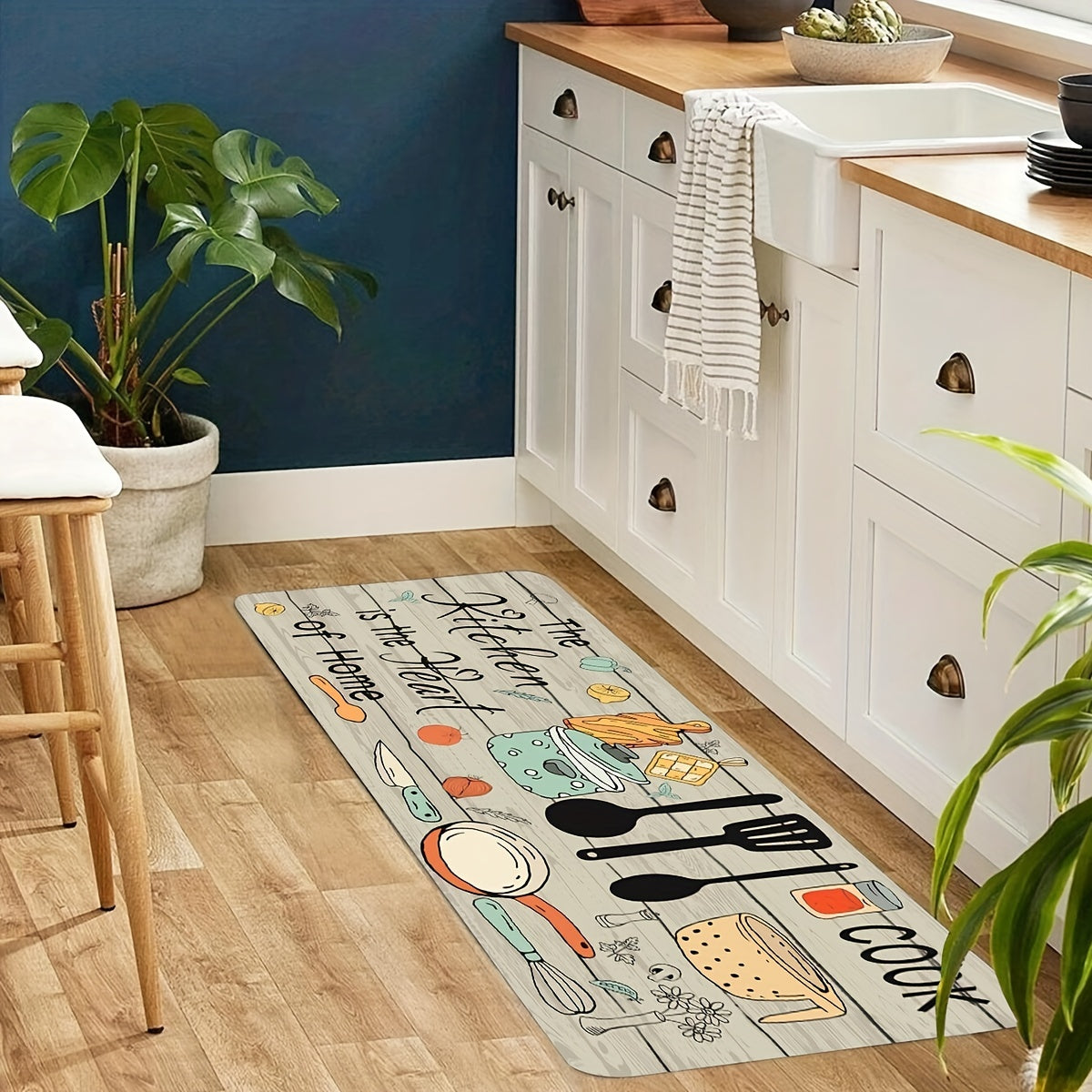 1pc Modern Polyester Kitchen Mat with Cutlery & Letter Graphics - Machine Washable Rectangular Floor Mat for Kitchen/Home Decor, Featuring "The Kitchen's the Heart of the Home" Theme. Perfect for Kitchen Rugs!