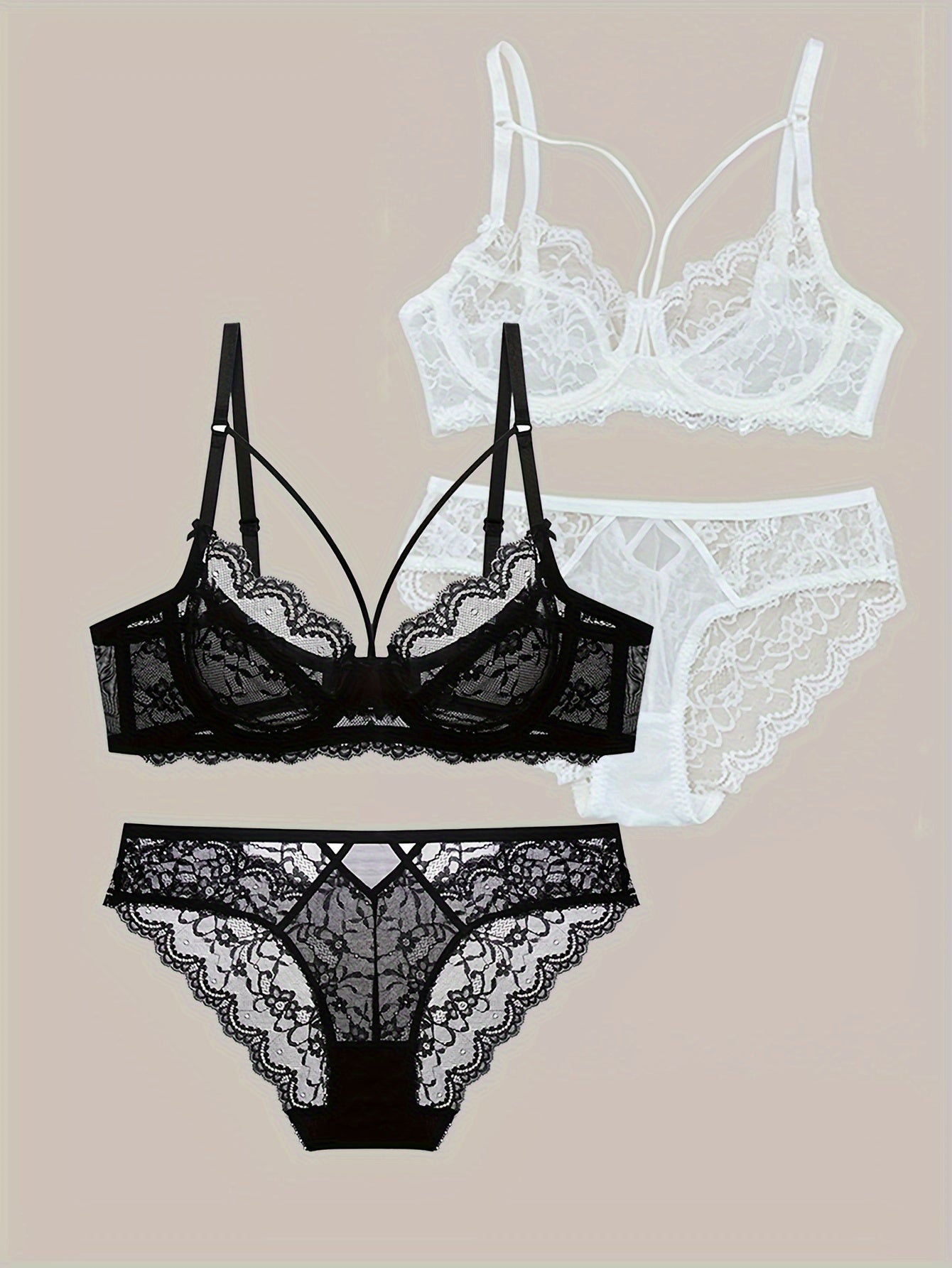 Solid floral lace lingerie set with strappy design for women.