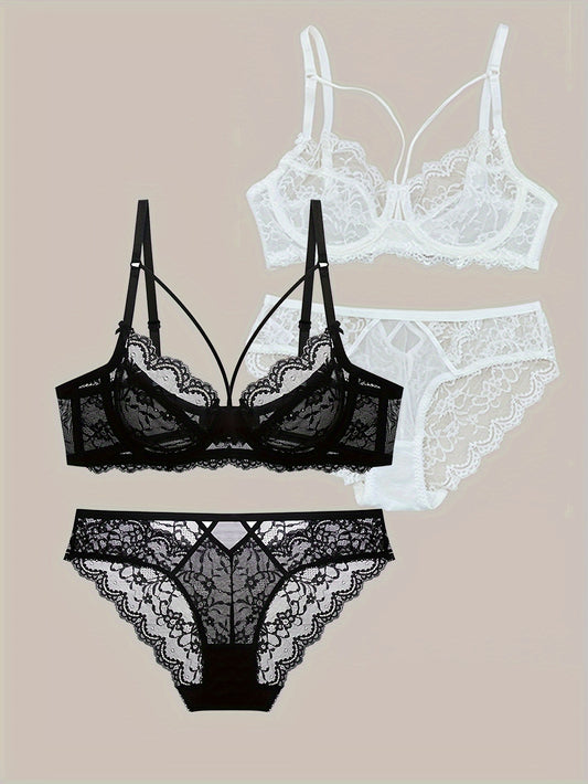 Solid floral lace lingerie set with strappy design for women.