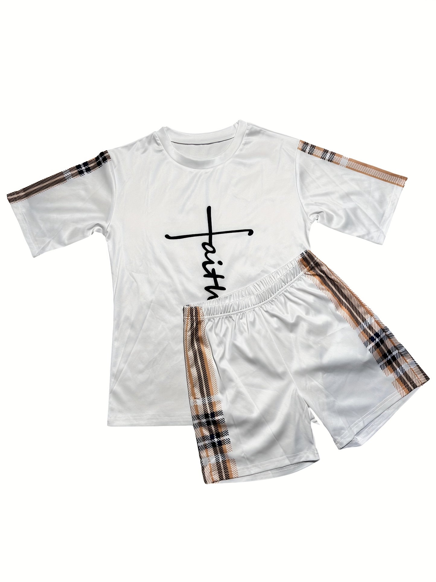 Plaid print two-piece set with faith print short sleeve tops and pocket workout shorts for women's clothing.