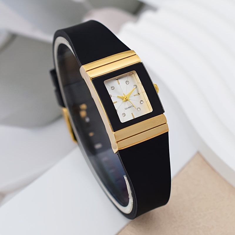 Square black and gold silicone band watch for women