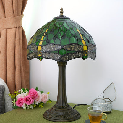 Handmade 12-inch glass desk lamp with green dragonfly pagoda shade and antique metal finish. Includes switch and 220-240V European plug. Perfect cozy bedside table lamp for various rooms in retro European countryside style. A creative gift idea.