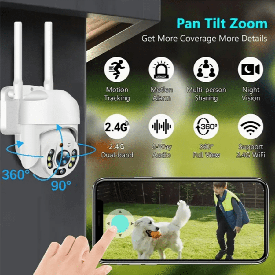 Teruhal 1080p Outdoor WiFi Security Camera, IP66 Waterproof Pan-Tilt Auto Tracking CCTV with 360° View, Night Vision, Two-Way Audio, Smartphone Compatibility, USB Power, No Battery Required, 2.4GHz Wireless Security Camera