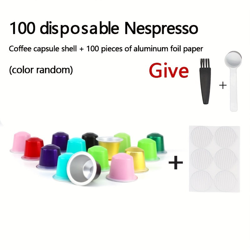 30 out of 100 disposable coffee capsules, each filled with espresso, sealed with a rubber ring and sealing sticker, reusable with aluminum film and cups.