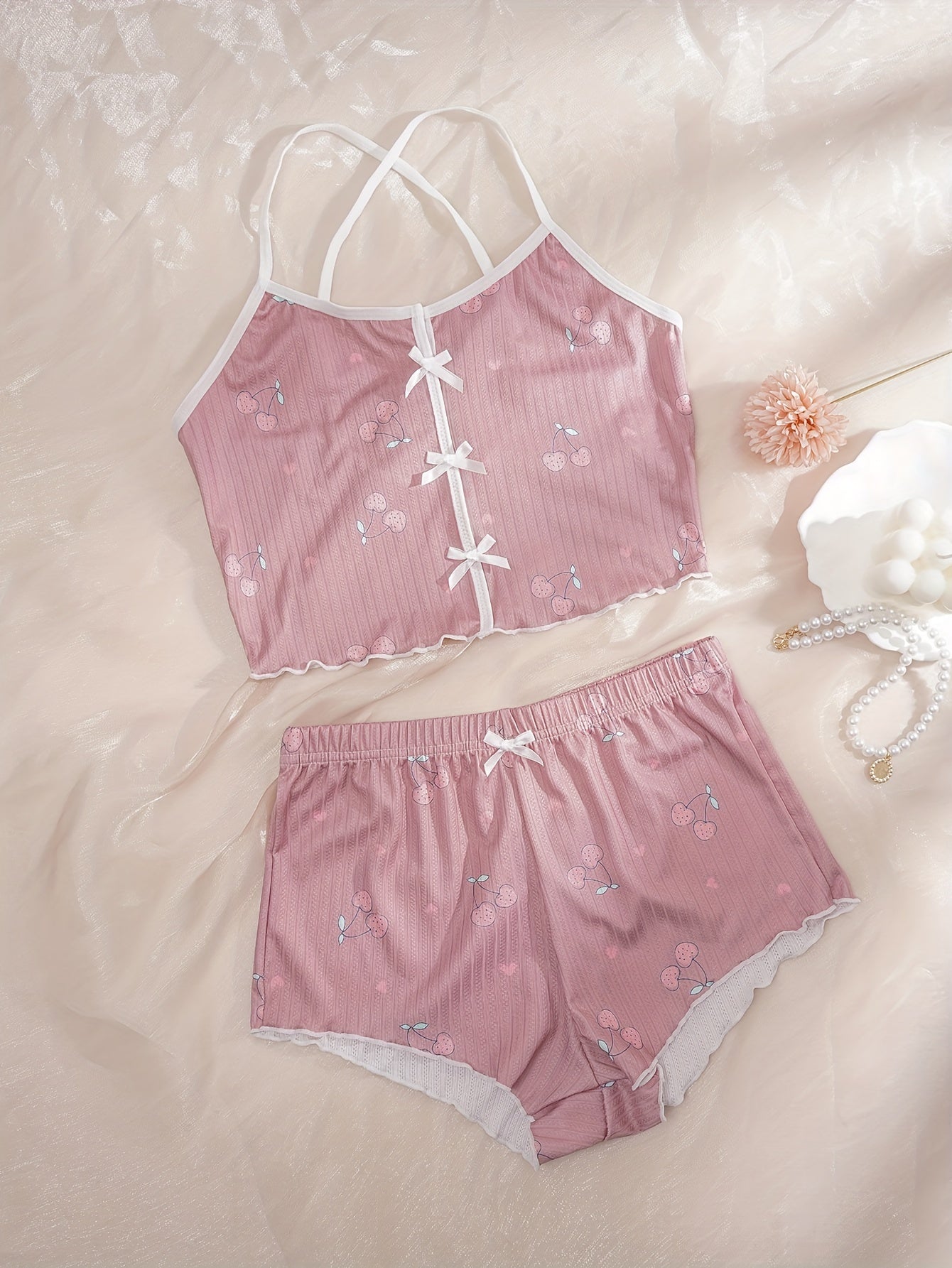 Heart print bow knot pajama set for Valentine's Day, including crop cami top and elastic shorts for women's sleepwear.