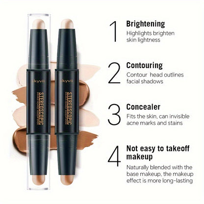 Dual-headed contouring stick for highlighting and shading to create a three-dimensional V-shaped nose shadow and high nose effect.