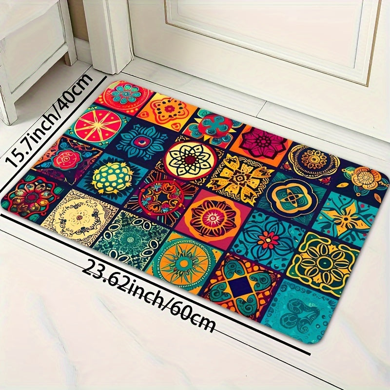 1pc Bohemian Square Floor Mat, Non-Slip, 8mm Thick, Machine Washable Polyester - Ideal for Various Indoor and Outdoor Spaces