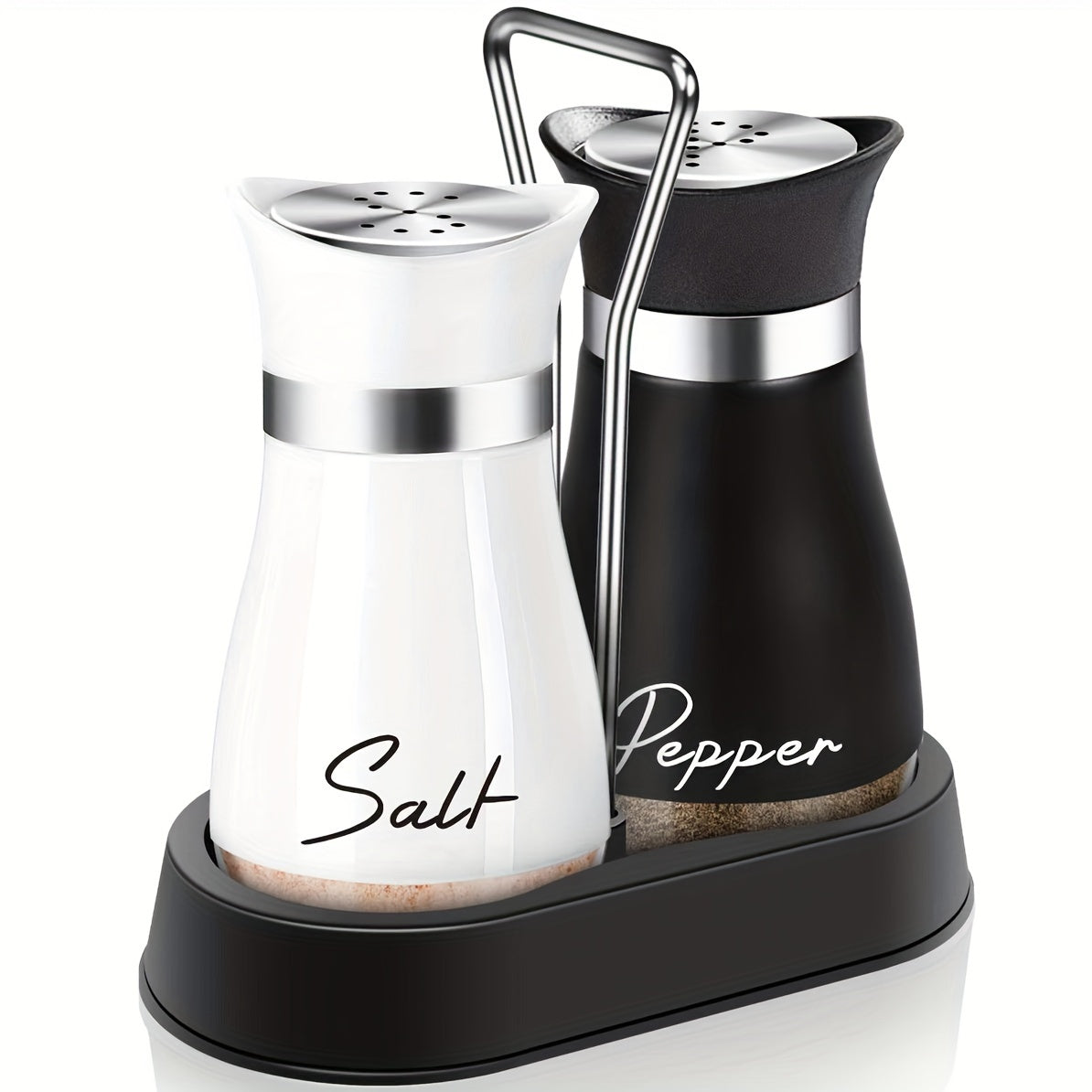 Stainless steel and leather salt and pepper shaker set with stand, perfect for kitchen gadgets and as a housewarming or Christmas gift.