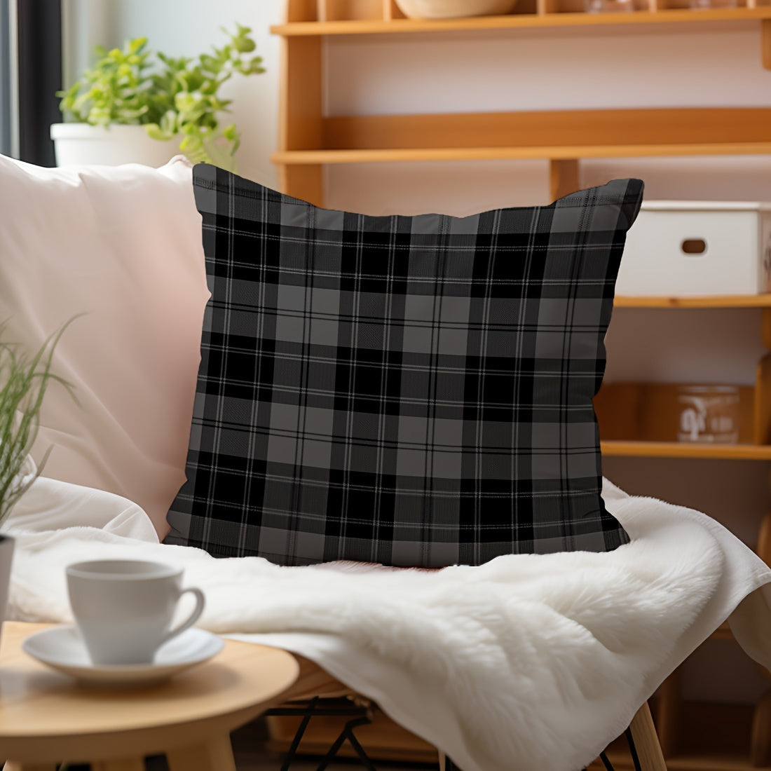 Grey and black plaid throw pillow cover made of peach skin velvet material measuring 45.72x45.72 cm. It features a dual-sided print, zip closure, and is machine washable. Perfect for adding a cute touch to your living room, bedroom, or car decor.