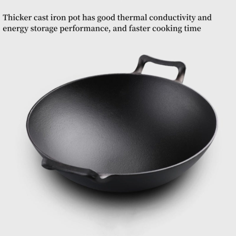 Traditional Thickened Cast Iron Wok with Lid and Dual Handles for Efficient Heat Conduction, Durable Kitchen Cookware