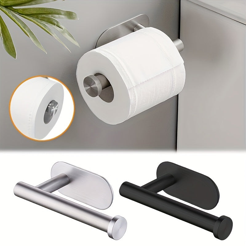 Stainless steel self-adhesive toilet paper holder.