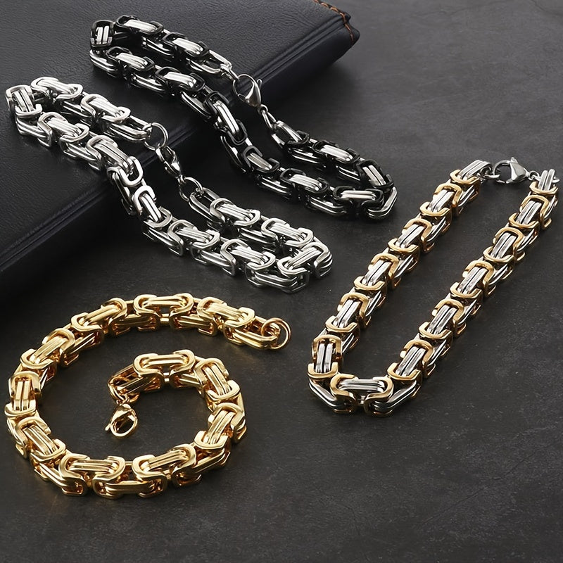 Stylish men's stainless steel chain bracelet in 8mm width, featuring a sturdy Byzantine box chain design. Available in black, golden, or silvery colors, this hip hop inspired bracelet is the perfect accessory for men looking to add some flair to their