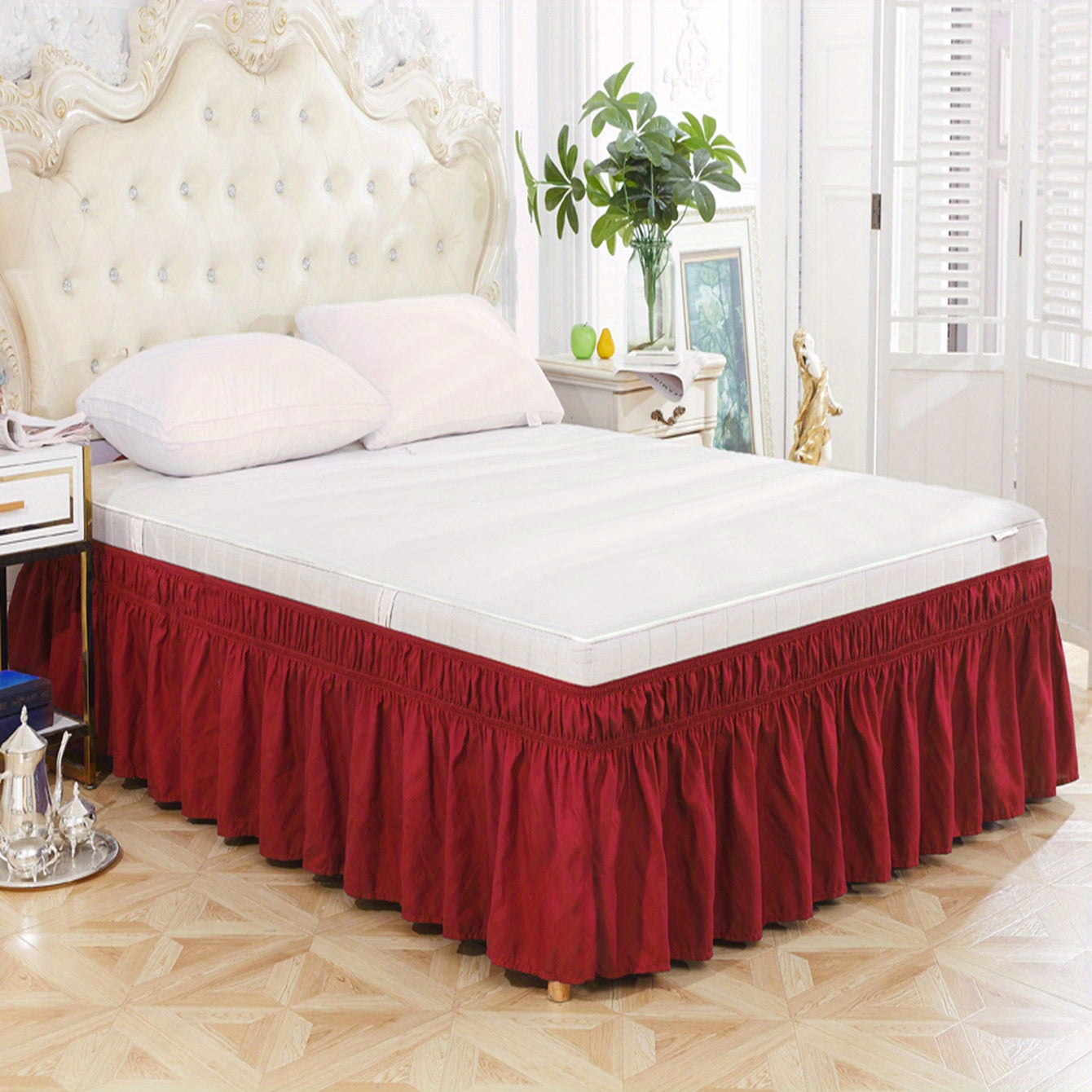 Elastic Bed Skirt in Pure Color, Soft Bedding Supplies, Lotus Leaf Edge Design for Comfortable and Durable Use in Bedroom or Guest Room. Skin-friendly Material.