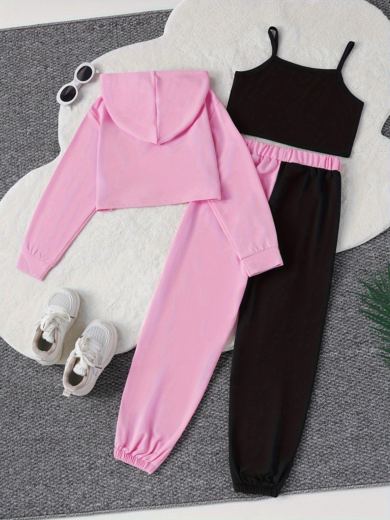 3-piece casual outfit set includes a blue hoodie, black tank top, and face print pants with white sneakers, made of stretchy polyester fabric; perfect for spring/summer/fall wear and