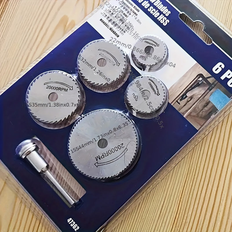 Set of 6 mini circular saw blades made of high-speed steel, waterproof, with chain saw disc. Ideal for precision cutting in wood and aluminum.