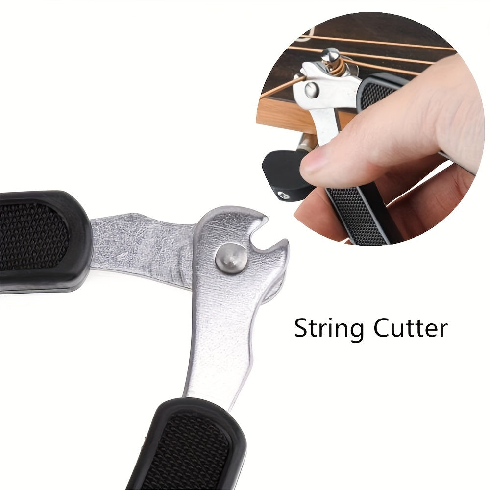 3-in-1 Guitar Tool makes string changes easy for various instruments.