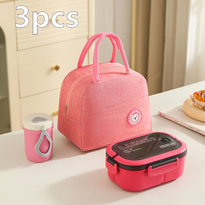 Three-piece set of versatile lunch bags with inner compartments and storage pouches, perfect for school, work, picnics and camping.