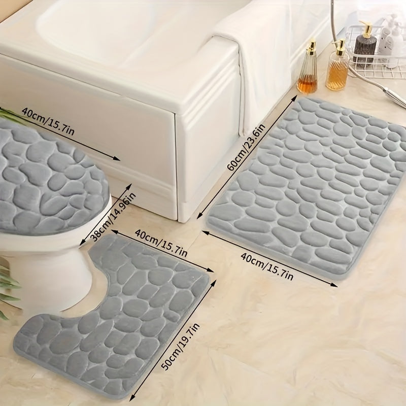 3-piece bathroom mat set includes non-slip memory foam toilet cushion and cover with a simple solid color design. Hand wash only. Easy to install.