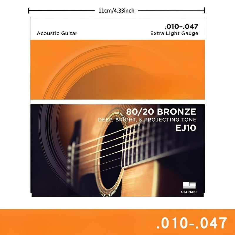 Acoustic guitar strings made of 80/20 bronze for six-string guitars, providing a rich, bright sound and excellent projection - Model EJ10-3D, extra light gauge 10-47.