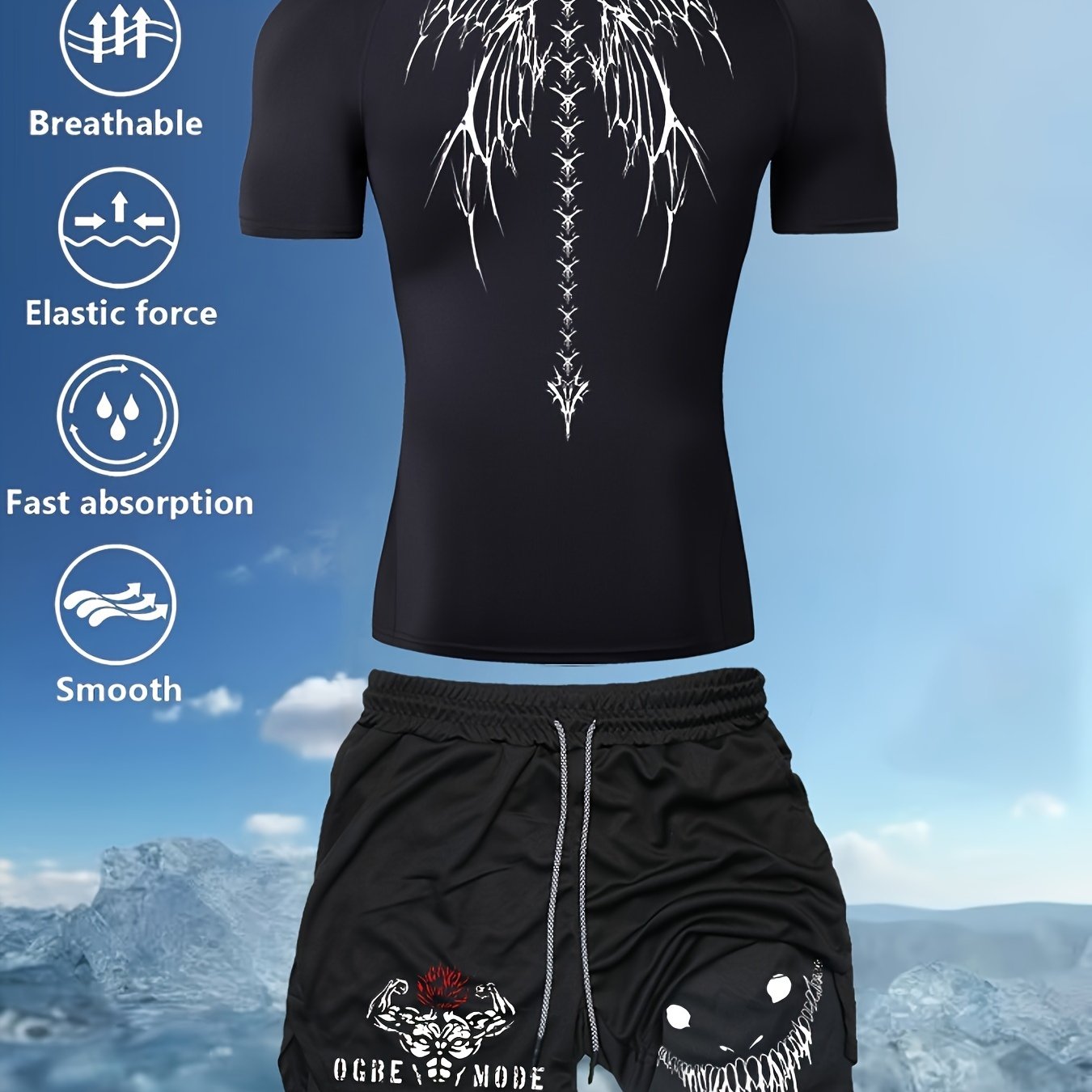 Men's Printed Wings Sports Suit with Quick-Drying Compression T-Shirt, Face-printed Shorts, Short-Sleeved Sweatshirt + Multi-Pocket Double-Layer Shorts