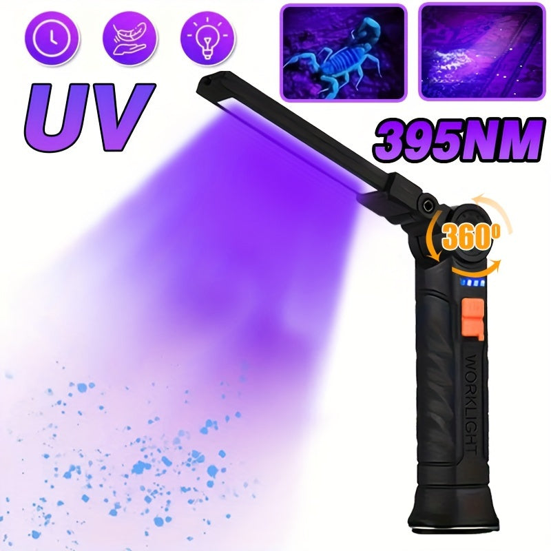 Rechargeable LED UV flashlight with magnetic base for multiple uses such as jewelry making and pet stain detection.