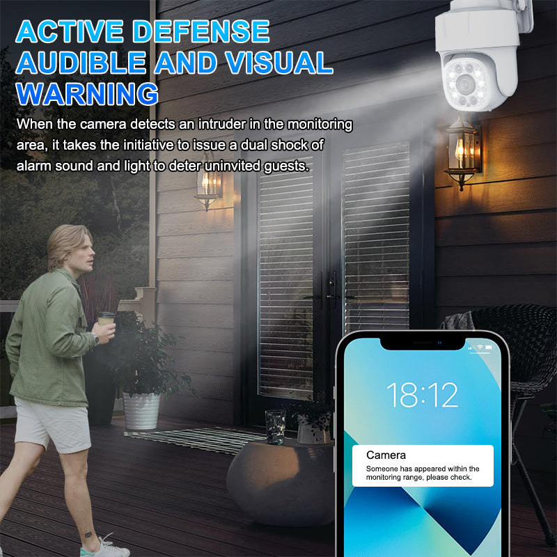 A high-quality wireless outdoor security camera for home protection, featuring 1080p HD resolution, full color night vision, two-way audio, smartphone app control, motion and audio alerts. This camera offers panoramic surveillance with 355° horizontal