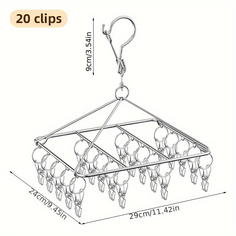 Essential Laundry Accessory: Stainless Steel Sock Drying Rack with Windproof Swivel Hook Hanger and 20/30/40 Clips for Socks, Bras, and Underwear