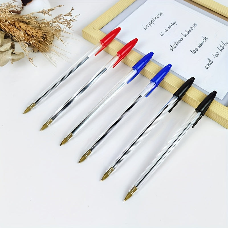 50 transparent round rod quick-drying ballpoint pens with black ink for office and school use.