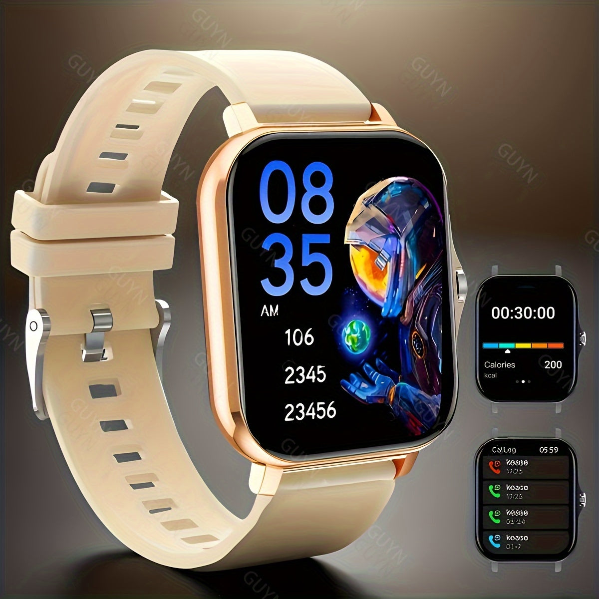 Smart watch with HD display, sports modes, notifications, weather forecast, borderless design, wireless calling, and USB charging. Ideal gift for both men and women, compatible with Android