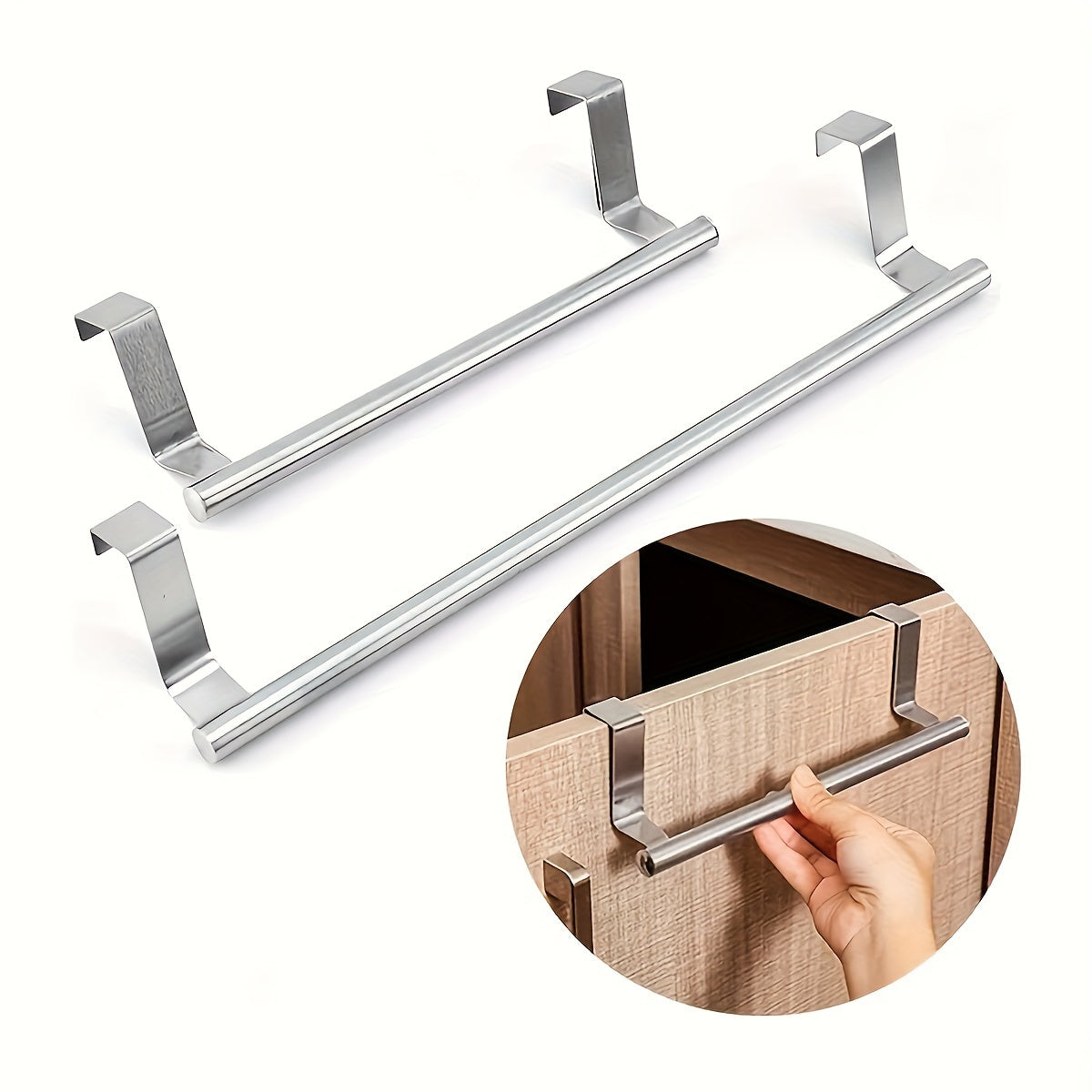 Single pole stainless steel towel rack for kitchen, punch-free mounting on cabinet door for hanging rags.