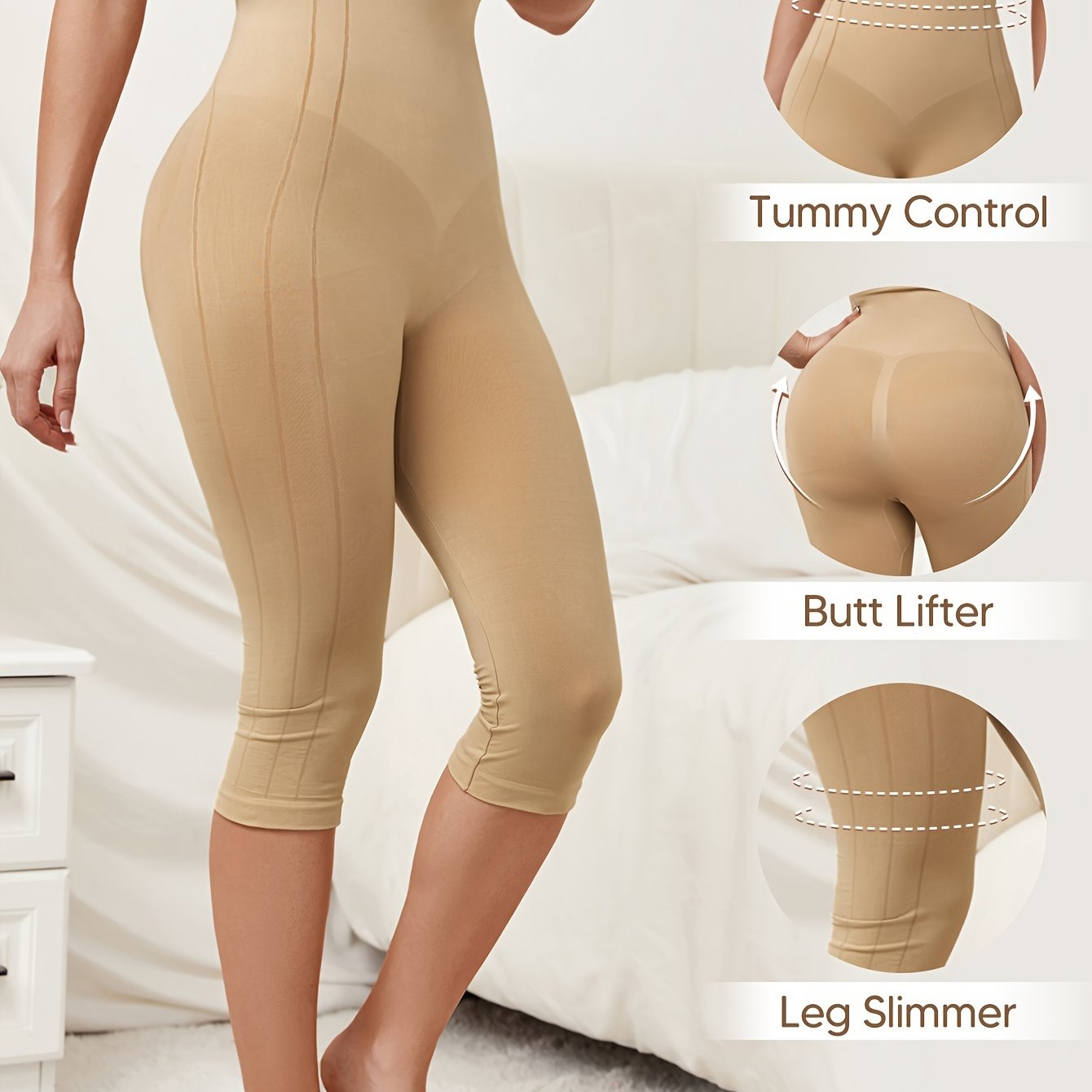 High-waist capri pants with chest support. Comfy, stretchy nylon blend body shaper for women. Machine washable.