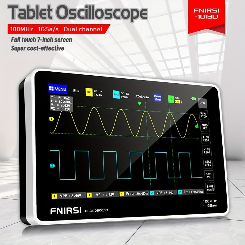 FINRSI 1013D Двухканальный цифровой осциллограф оснащен 7-дюймовым TFT LCD сенсорным экраном, частотой дискретизации 100 МГц 1 ГSa/с, интеллектуальной защитой от выгорания, перезаряжаемой батареей, USB.