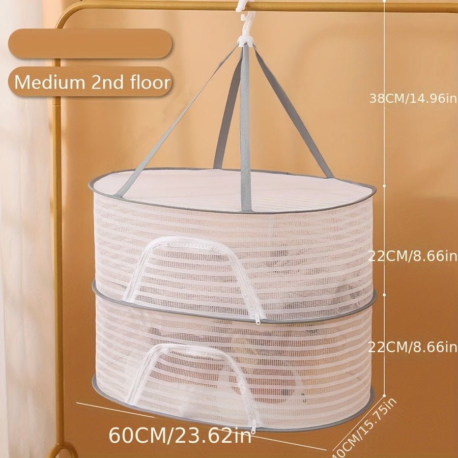 3-Tier Foldable Mesh Drying Rack with Zipper - Multi-functional Hanging Dryer for Laundry, Fish, and More - No Electricity Required, Ideal for Balcony, Clothing Drying, and Organization purposes.