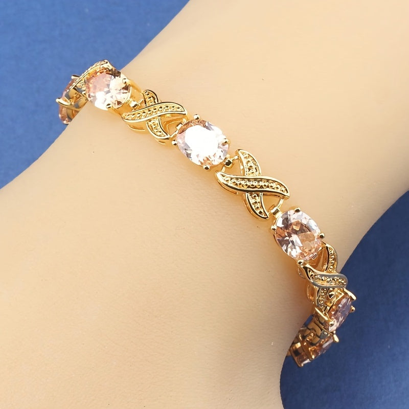 Classic Tennis Bracelet with Multicolor Synthetic Cubic Zirconia in 18K Gold Plating, featuring Elegant Copper Link Chain. This Fashion Jewelry for Women makes for the perfect Valentine's Day or Festival gift. Style: Simple and Timeless.