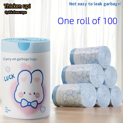 50 pieces out of 100 pieces of cute cartoon drawstring garbage bags are produced from leak-proof high-density HDPE plastic, ideal for disposing of waste and debris.