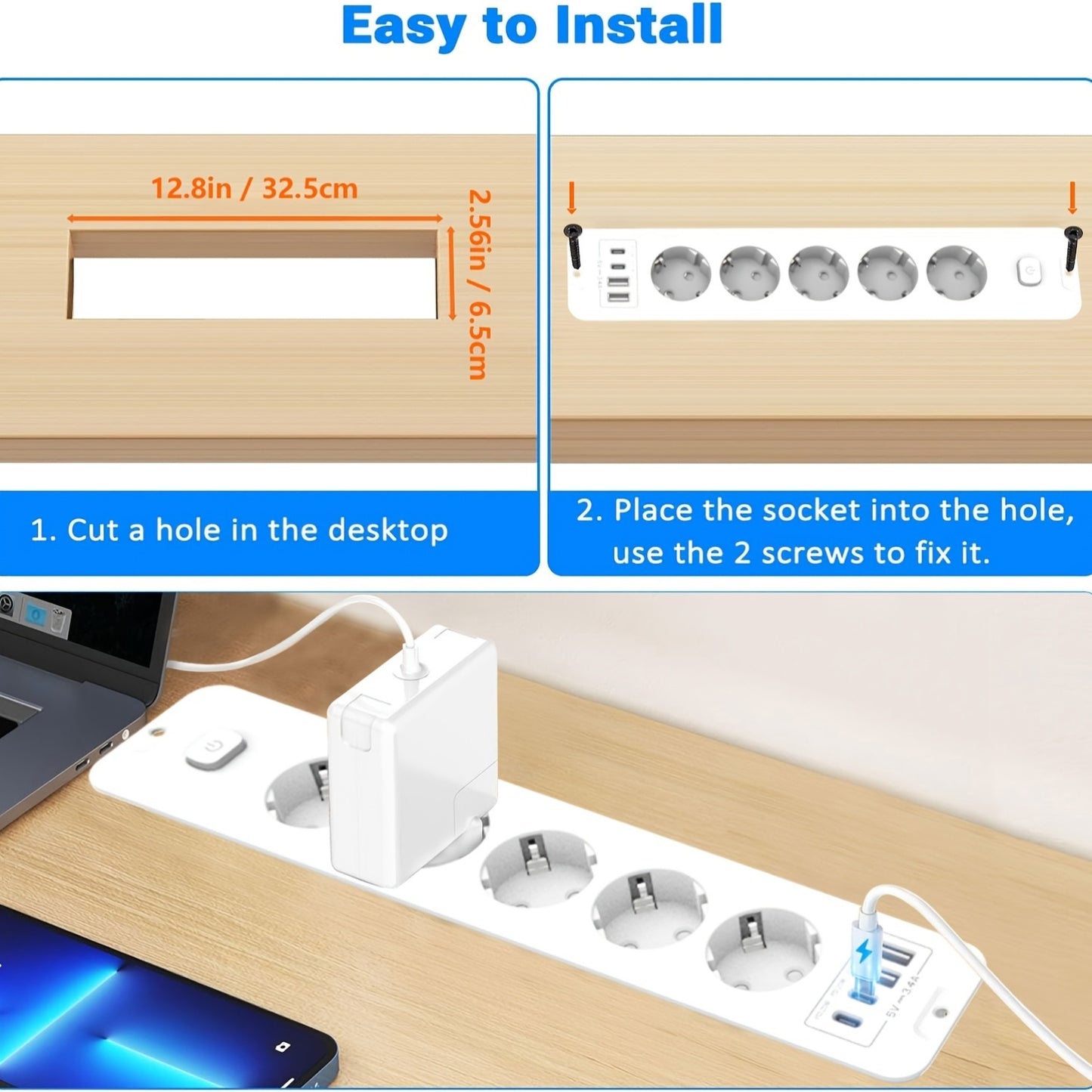 A versatile home USB power socket with 9 features including 4 USB ports, 5 DC sockets, one high-power socket, and a 6.56-foot extension cord, suitable for various settings.