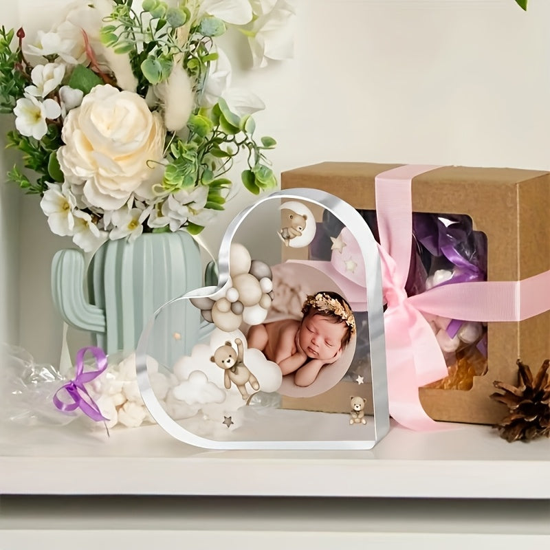 Customizable Acrylic Heart Photo Frame featuring Teddy Bear Design, Perfect for Teens 14+. Makes a Meaningful Gift for Sons and Daughters. Display your precious memories in style!