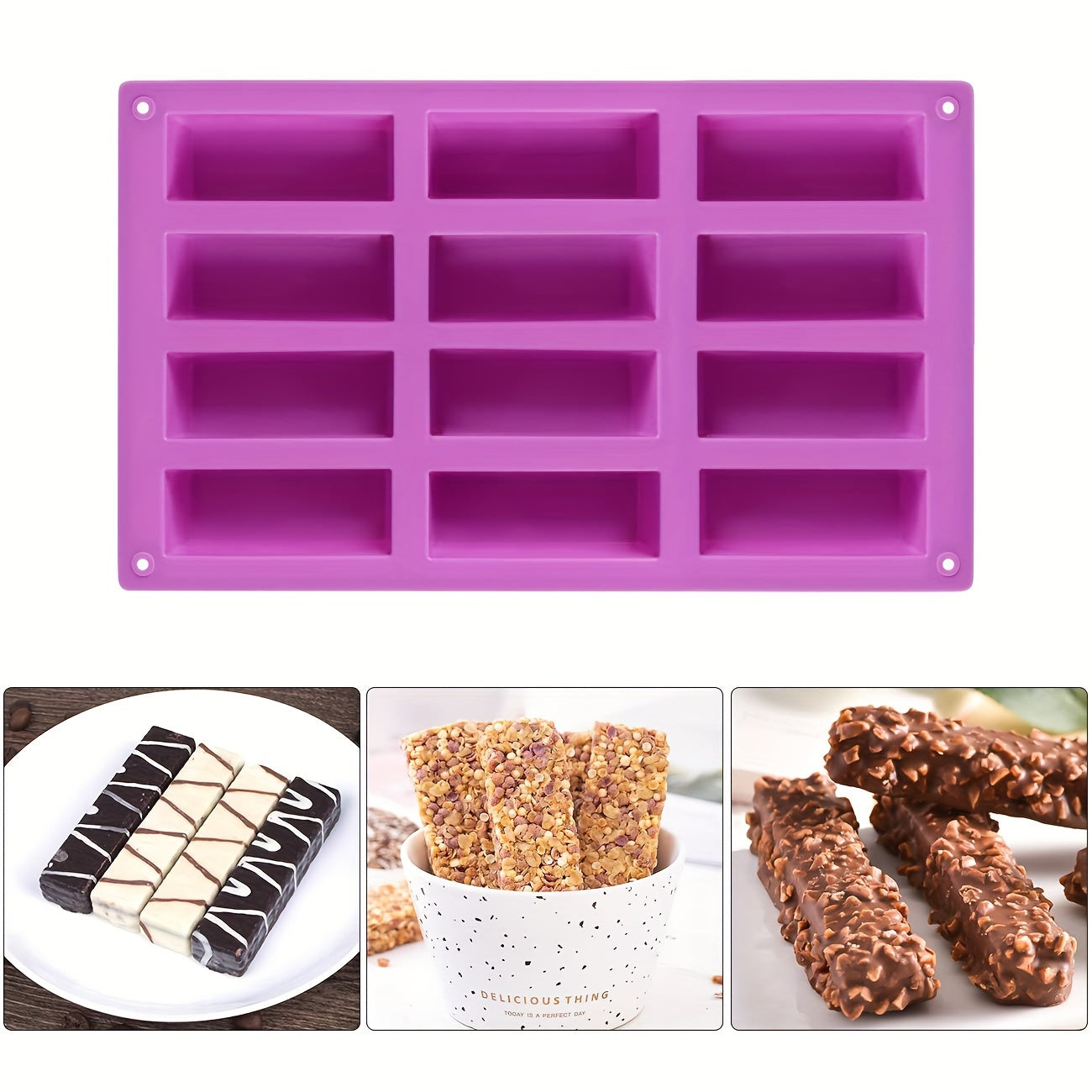 Three sets of 12-cavity large rectangle molds made of silicone for creating nutrition cereal bars, energy bars, and other treats like chocolate truffles, ganache, bread, brownies, cornbread, cheesecake, pudding, and butter. Perfect for baking supplies