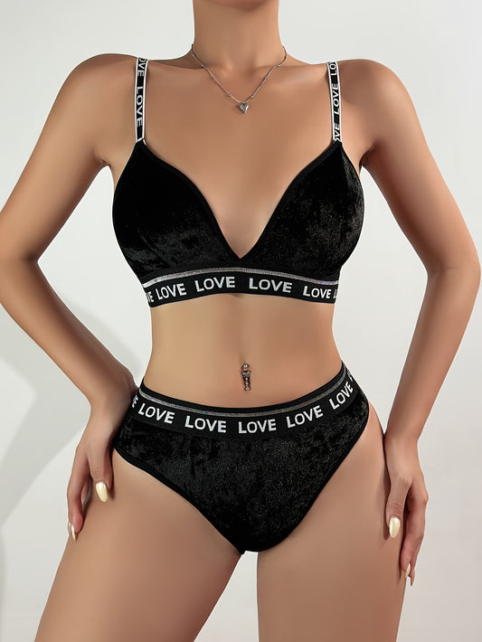 Women's lingerie set with letter strap detail, polyester blend, solid color, no padding bra, mid-rise briefs - comfortable knit fabric, adult female undergarment.