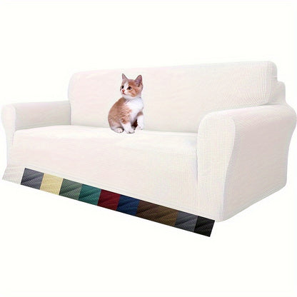 Jacquard fitted sofa slipcover with elastic band, machine washable polar fleece fabric. Compatible with various sofa sizes. Protects furniture from dust and cat scratches.