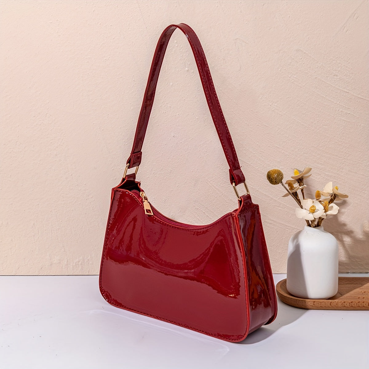 Women's Glossy Red PVC Shoulder Bag with Golden-Tone Hardware, Detachable Strap | Stylish Baguette for Everyday, Work, or Vacation | Ideal Gift for Moms and Girlfriends | Elegant Top Handle