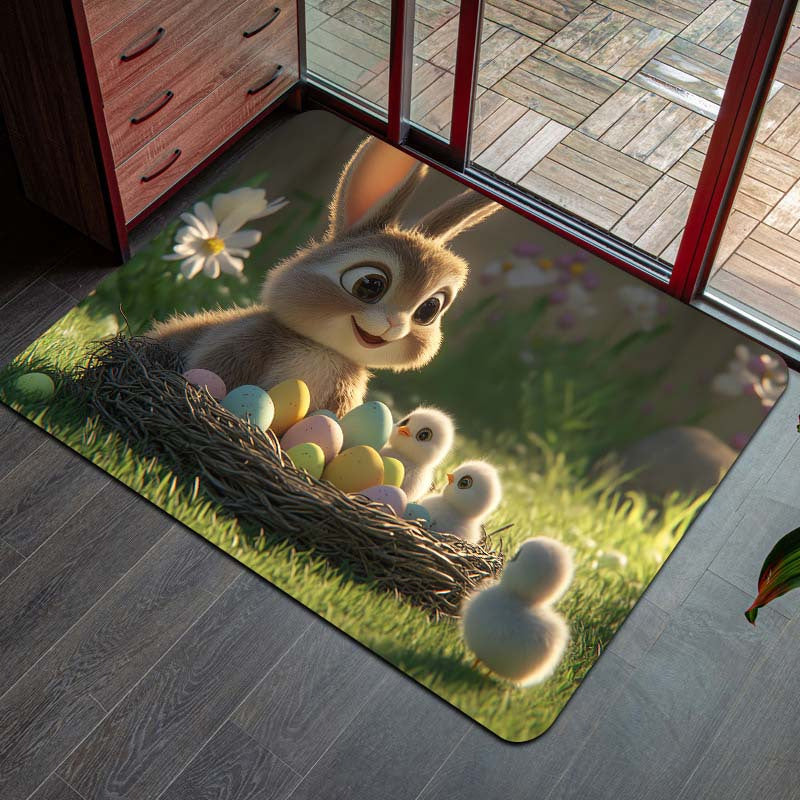 Easter-themed Rug featuring Adorable Rabbit and Chicks design, 8mm Thick Polyester Material for Anti-Slip Properties, Easily Washable Rectangle Mat suitable for Kitchen, Living Room and Bedroom Decor