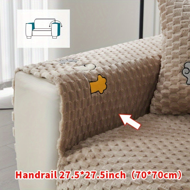 Modern honeycomb fleece sofa cover with embroidered design, pet-friendly protection for furniture, plush slipcover for various sofas. One-piece design with anti-slip backing for home and office decor.