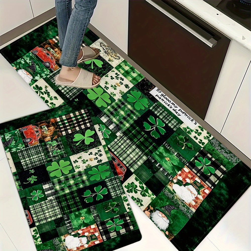 St Patrick's Day Kitchen Mat - Festive 1pc Mat with Clover & Gnome Design - Super Absorbent, Non-Slip Polyester - Soft Mat for Bathroom, Laundry Room, Bedroom - Easy to Clean in Machine Wash