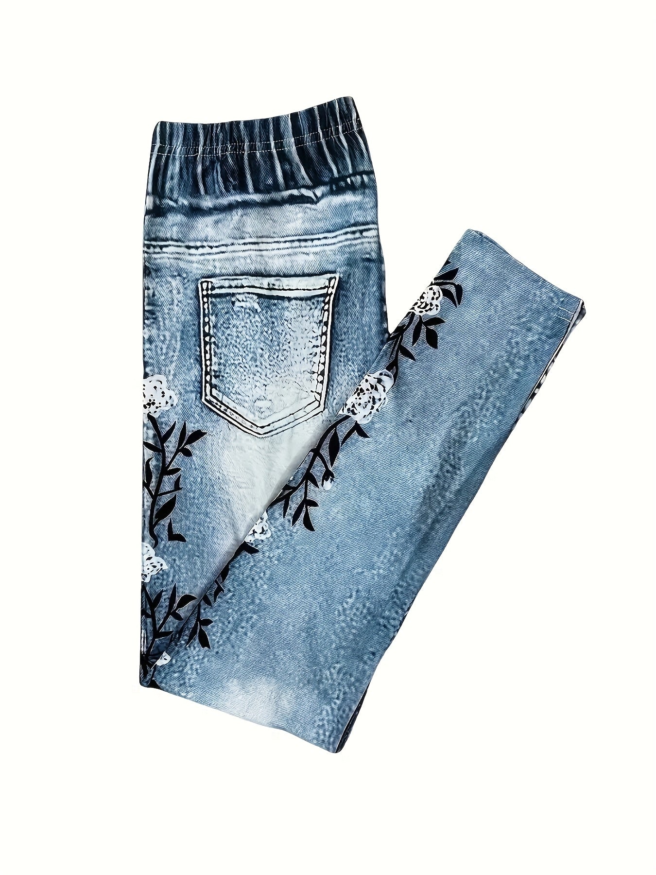 Women's stylish cowboy floral print high waist skinny jeans, versatile stretch leggings for every season.